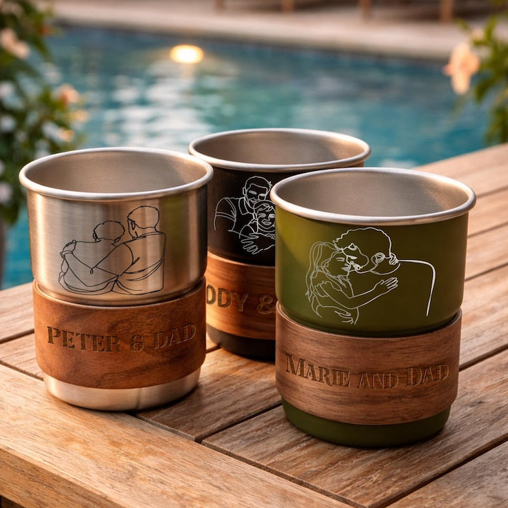 Custom line art portrait on a stainless steel travel mug, the perfect personalized camping gift for dad.