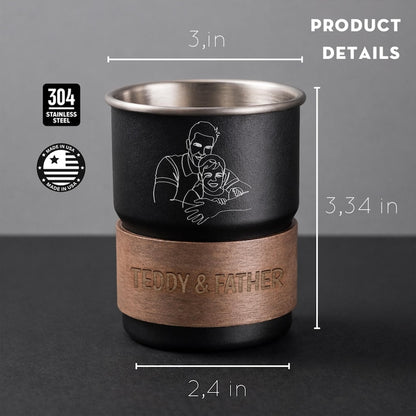 Engraved camping mugs featuring custom line art, a high-quality dad camping mug and etched photo mug.