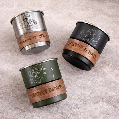 Stainless steel camper mug and engraved travel cup, a cool line art custom design for a camping dad.