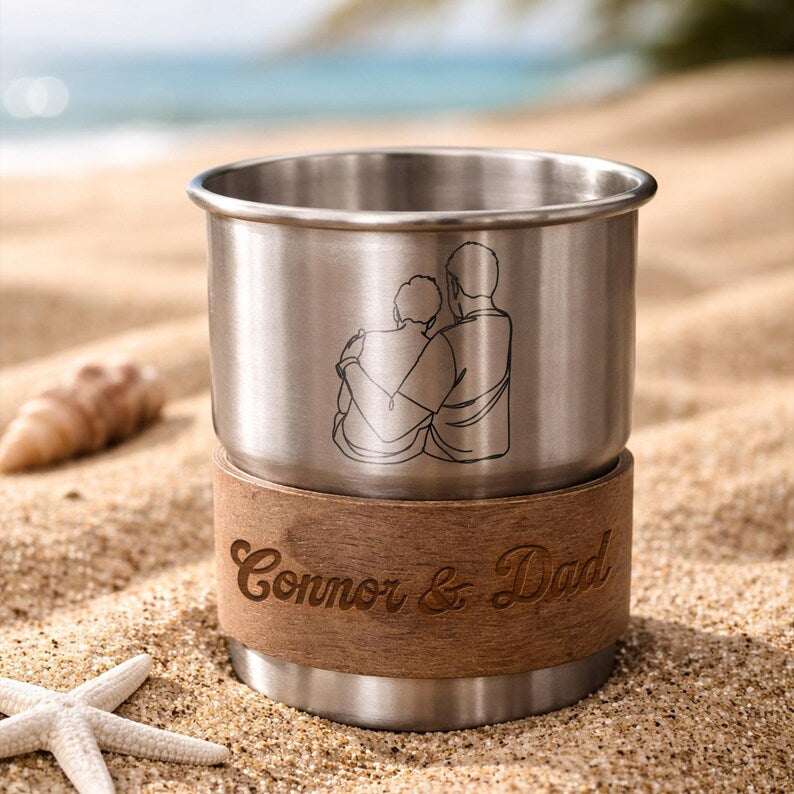 Personalized camping mug stainless steel cup with custom photo engraving, a unique engraved gift for dad.