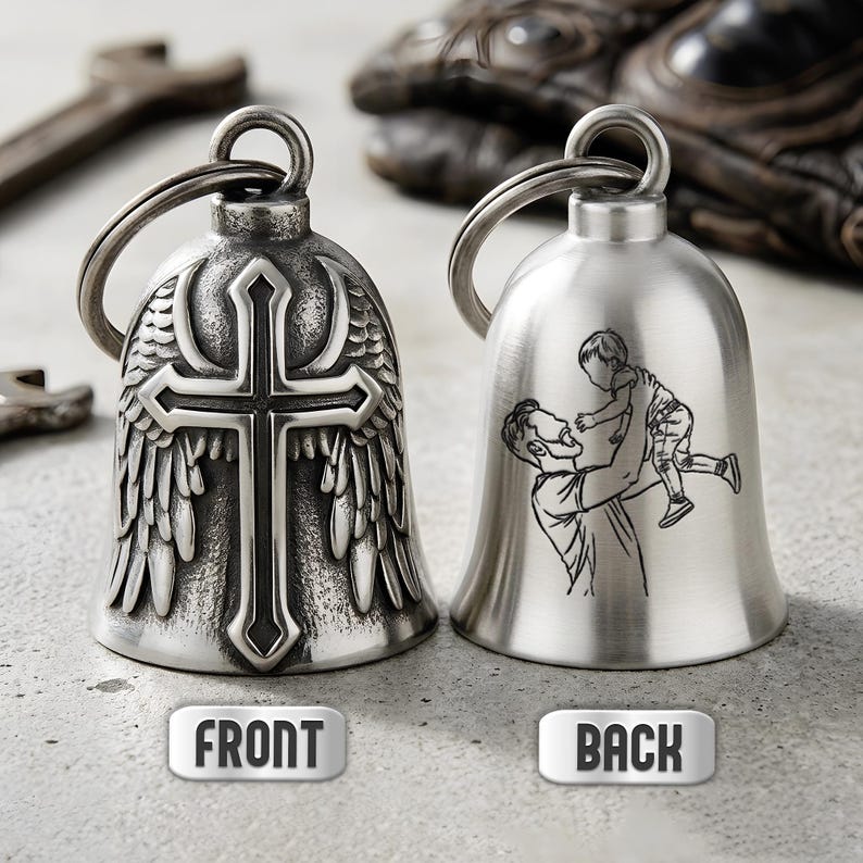Personalized line art photo cross wing guardian bell, a unique custom guardian bell and engraved gift for dad.