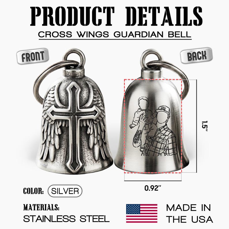 Dad guardian bell with custom line art portrait engraving, making a perfect gift for motorcycle riders.