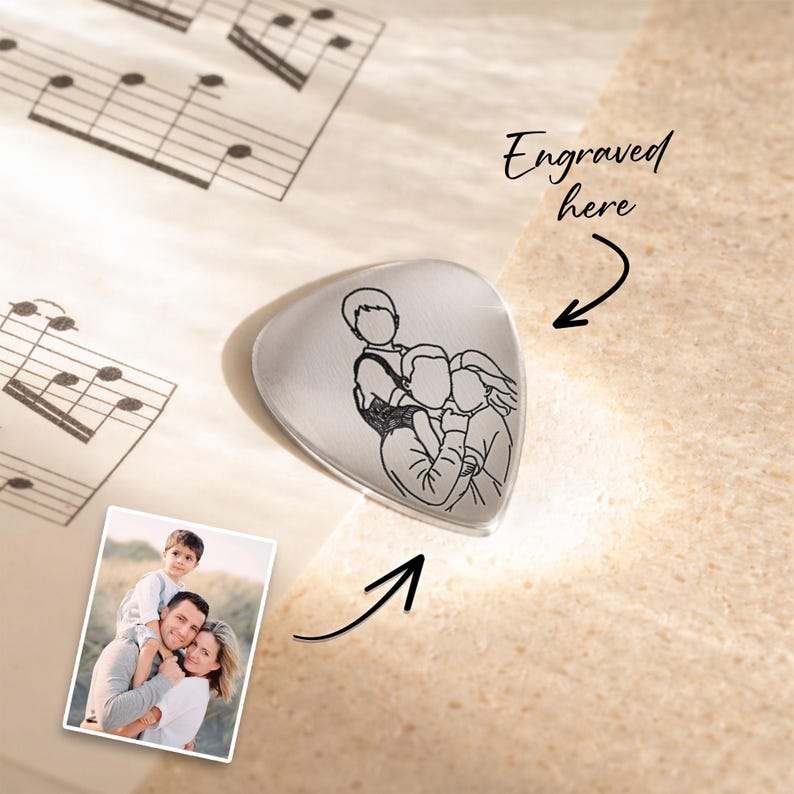 Personalized Line Art Photo Guitar Pick, a custom plectrum for music dads.