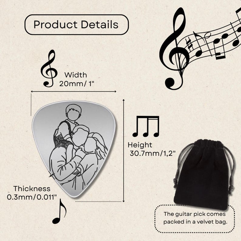 High-quality laser engraved guitar picks featuring custom line art for dad.