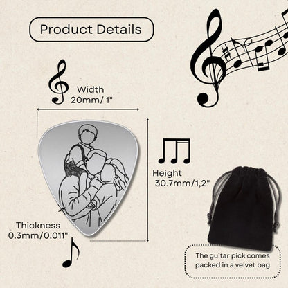 High-quality laser engraved guitar picks featuring custom line art for dad.