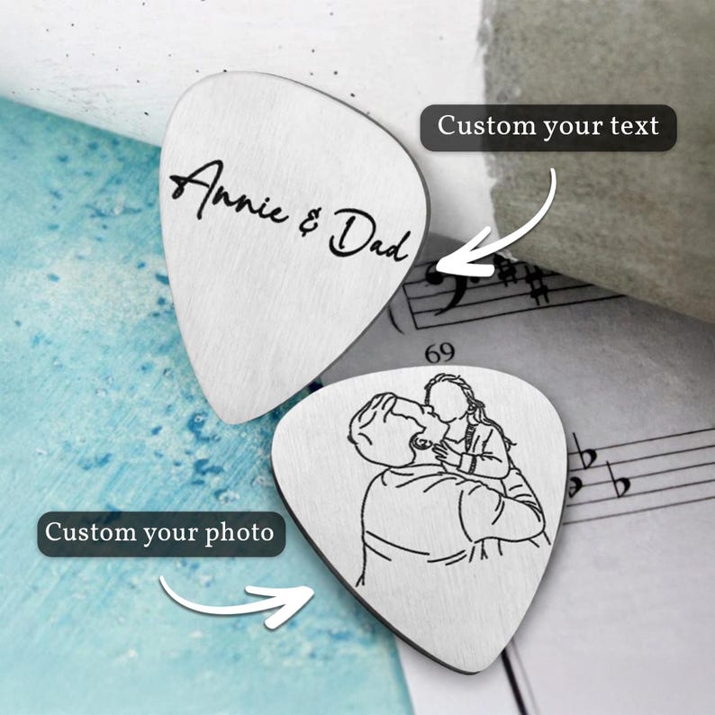 The perfect custom guitar plectrum and personalized line art gift for dad.