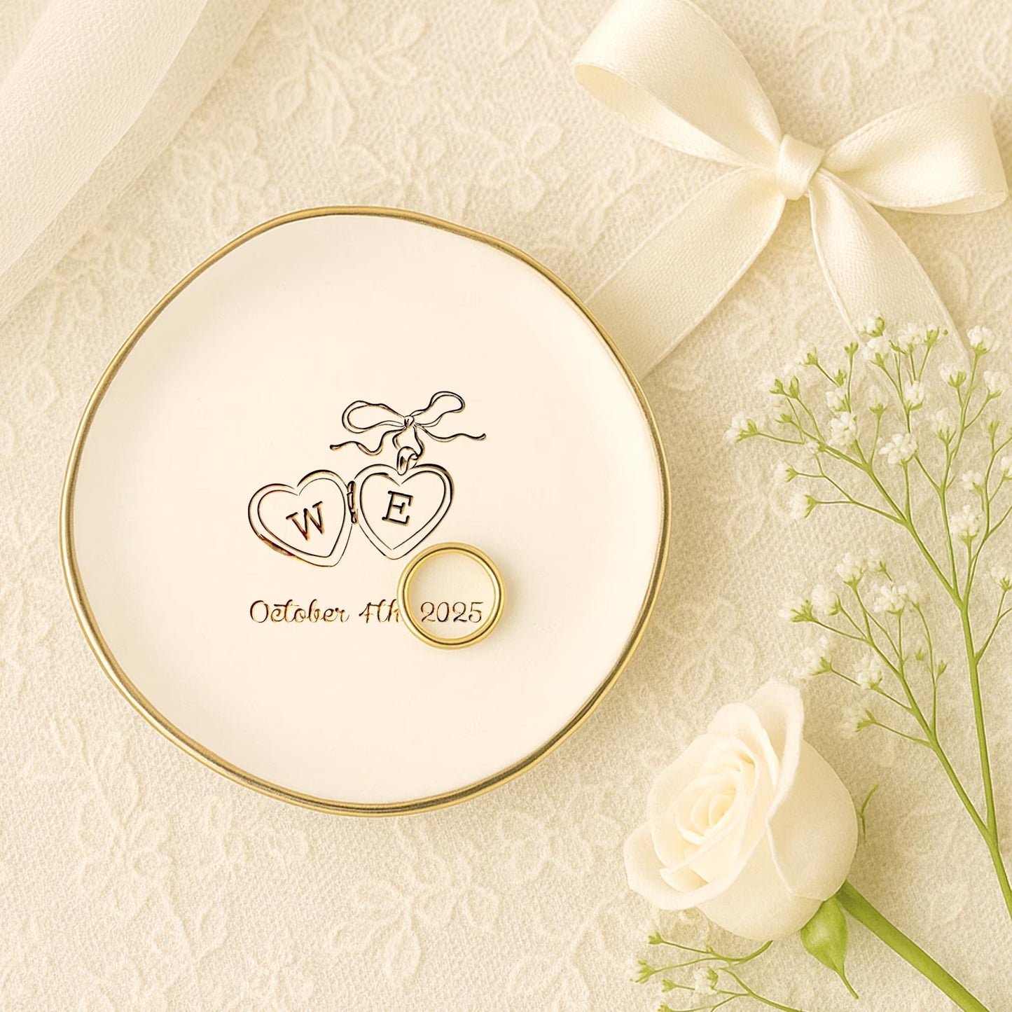 Engagement gifts for couples featuring custom wedding ring dish with initials 