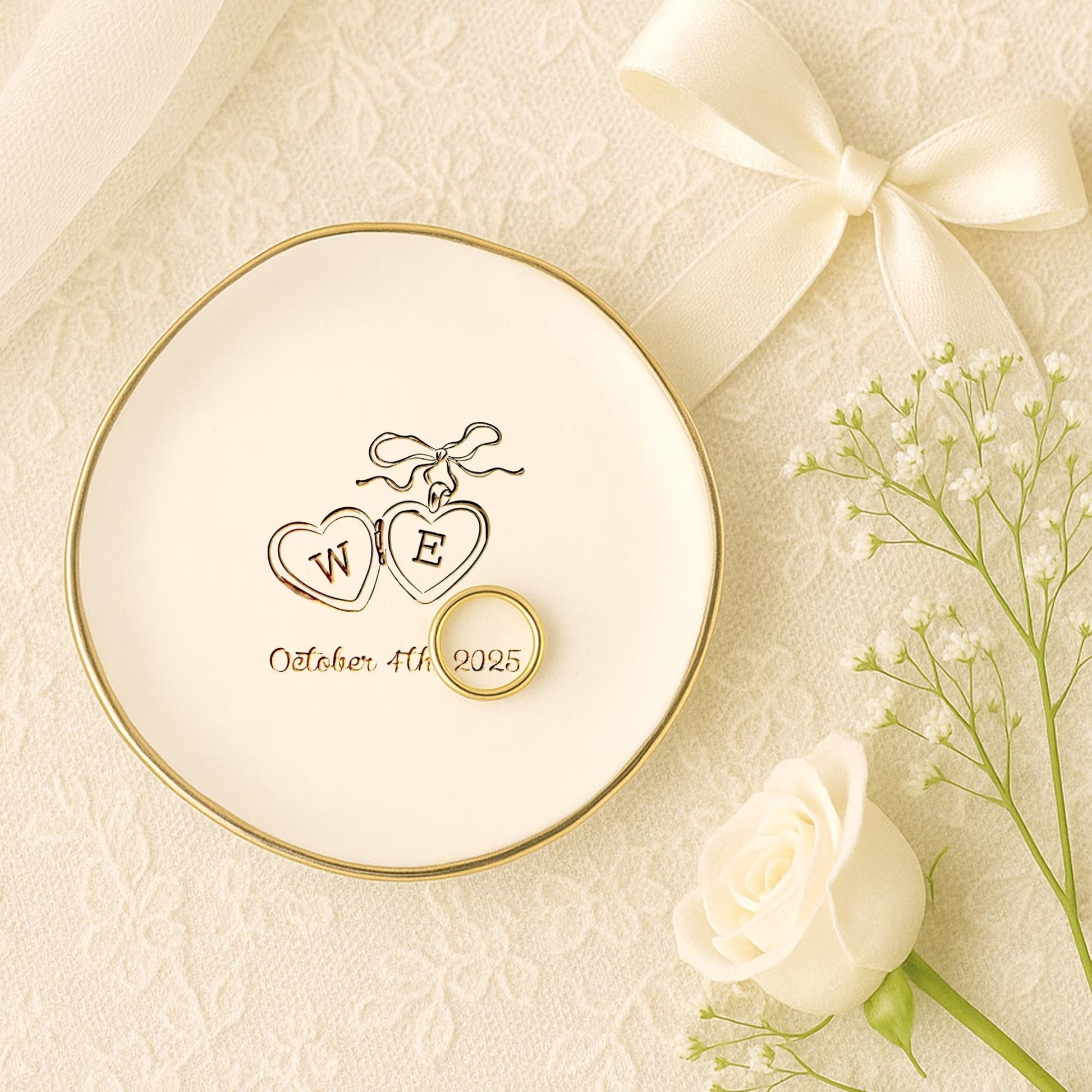 Engagement gifts for couples featuring custom wedding ring dish with initials 