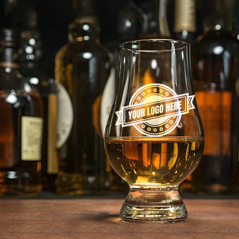 This whiskey tasting glass featuring a custom logo is an ideal personalized tasting glass for any enthusiast.