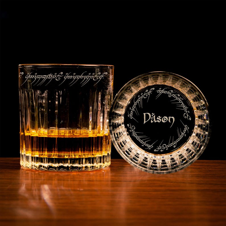 This custom whiskey glass, a Personalized Lord of The Rings Crystal Whiskey Glass, is an ideal Lord of the Rings whiskey glass keepsake.