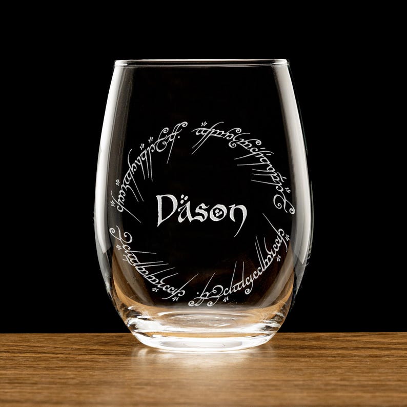A close-up of the engraved Personalized Lord of The Rings Wine Glass, a thoughtful Lord of the Rings gift for him.