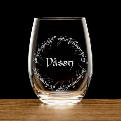 A close-up of the engraved Personalized Lord of The Rings Wine Glass, a thoughtful Lord of the Rings gift for him.