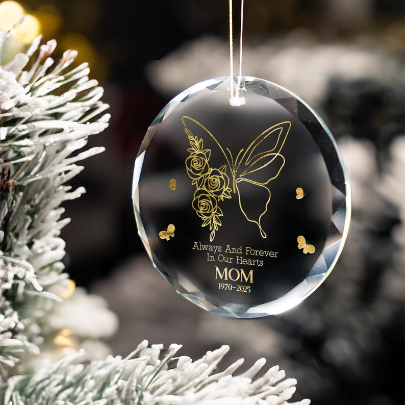 A beautiful butterfly ornament and remembrance gift, the Personalized Butterfly Memorial Ornament is a custom personalized glass ornament.