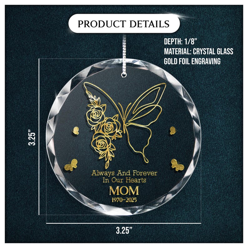Close-up of a personalized glass ornament, this Butterfly Memorial Ornament is a cherished remembrance gift for loss of mother.