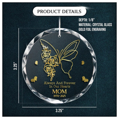 Close-up of a personalized glass ornament, this Butterfly Memorial Ornament is a cherished remembrance gift for loss of mother.