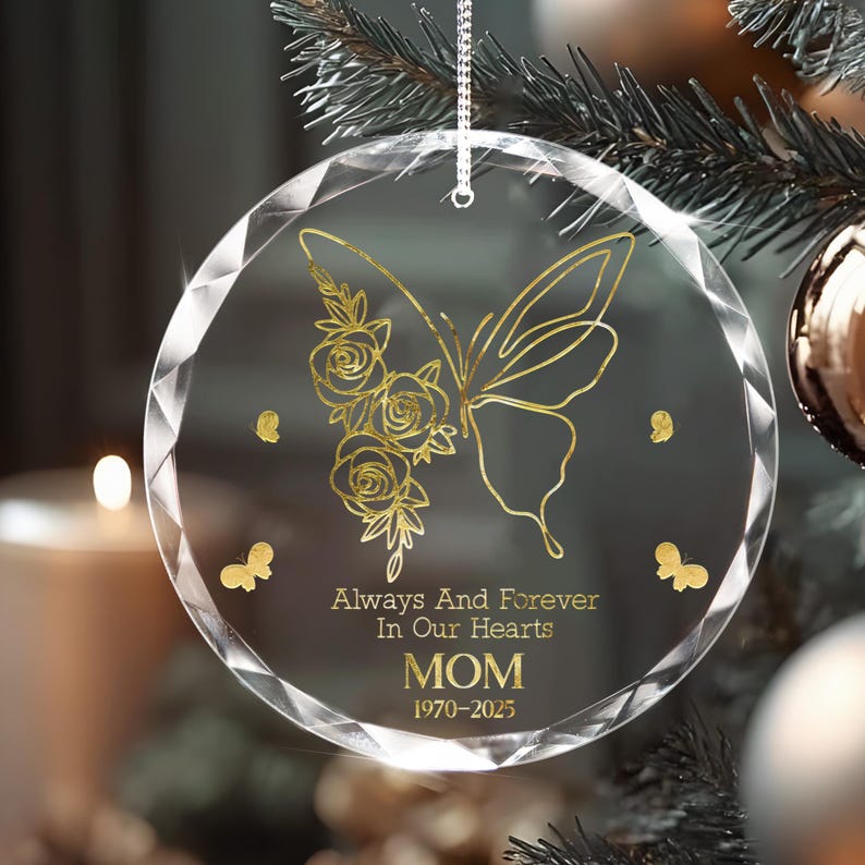 The ideal remembrance gifts for loss of mother, this Personalized Butterfly Memorial Ornament is a thoughtful in loving memory ornament.