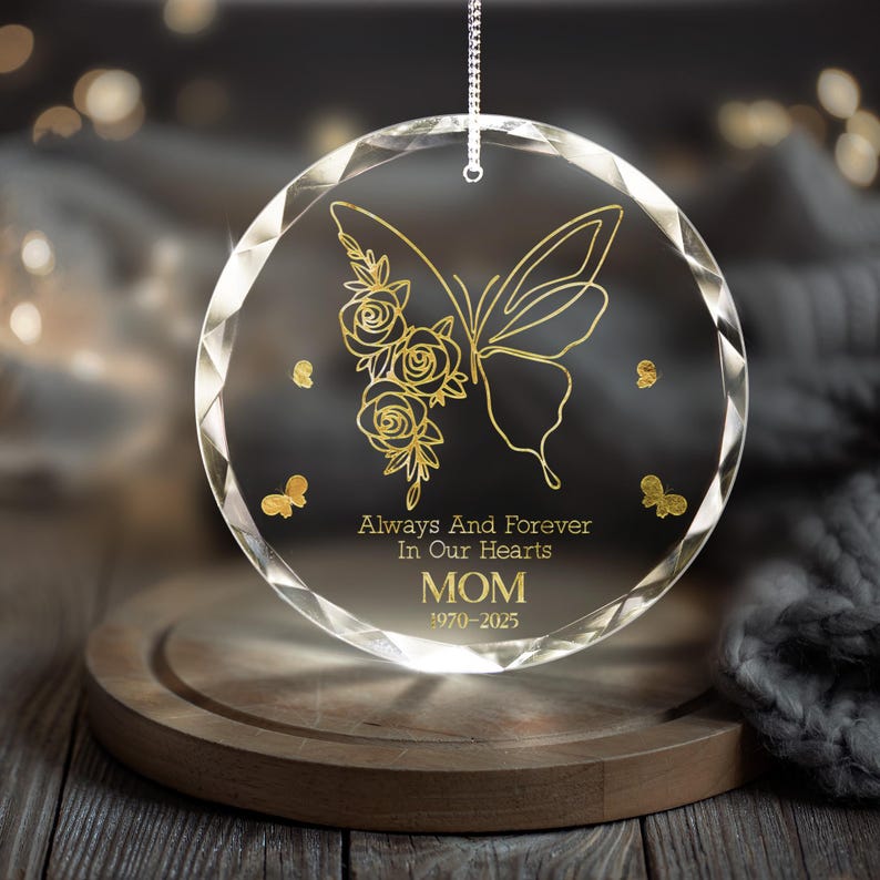 A custom Personalized Butterfly Memorial Ornament, a beautiful engraved Christmas ornament and sympathy gift for loss of Mom.