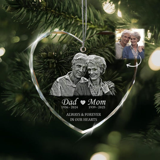A Personalized Loss Of Parents Memorial Glass Ornament, a touching sympathy gift and personalized gift for someone who lost a parent.