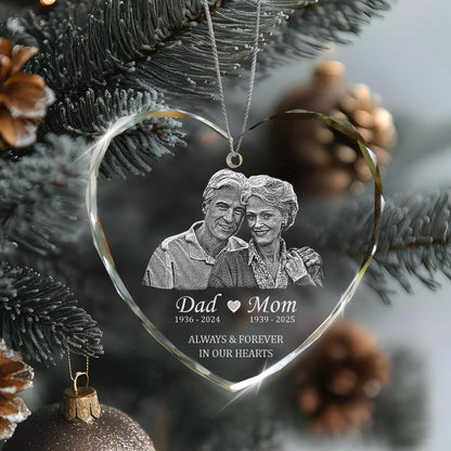 Close-up of a glass heart ornament, this Personalized Loss Of Parents Memorial Glass Ornament is a unique sympathy gift and keepsake.