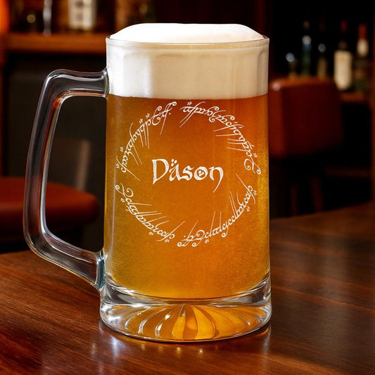 Personalized LOTR Beer Glass with Handle, a unique custom beer glass and perfect Lord of the Rings gift for him.