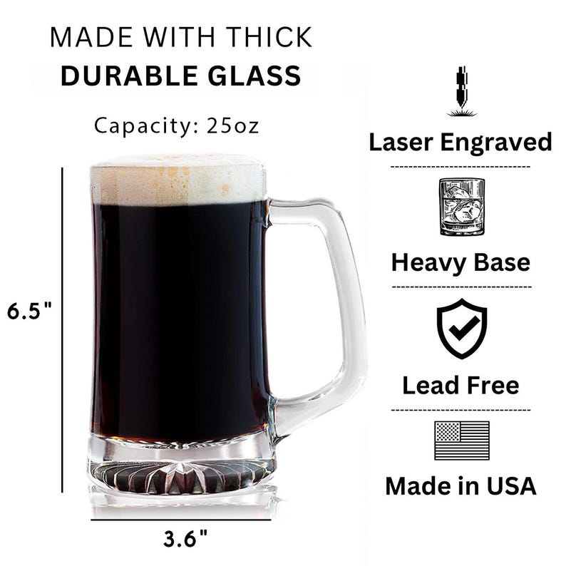 A close-up of the engraved Personalized LOTR Beer Glass with Handle, showcasing the custom design.