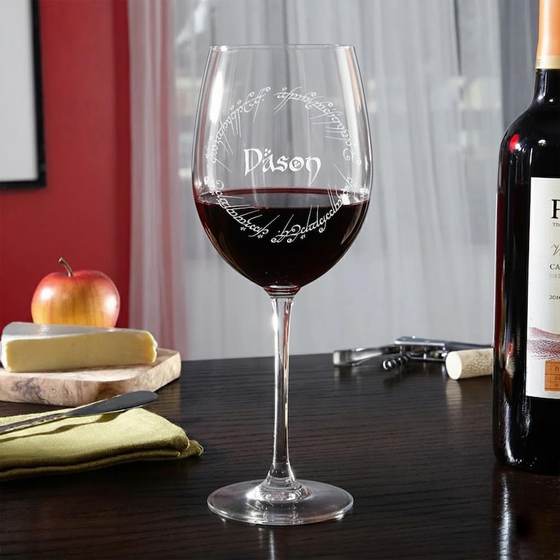 Personalized LOTR Stemmed Wine Glass, a unique custom wine glass and perfect Lord of the Rings gift for her.