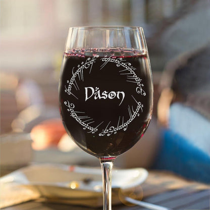 A close-up of the engraved Personalized LOTR Stemmed Wine Glass, showcasing the custom wine glass design.