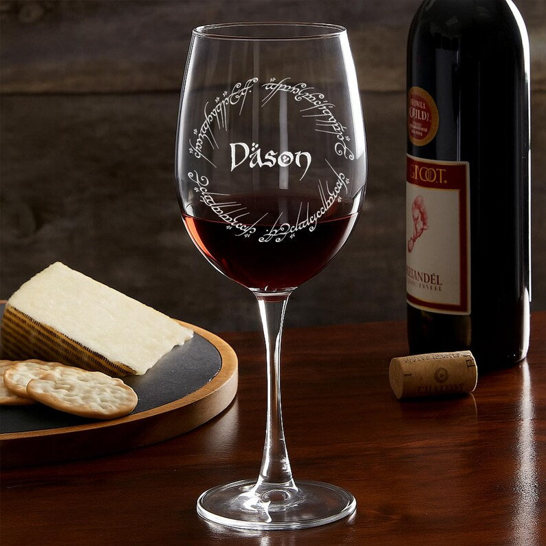 The perfect Lord of the Rings gifts, this Personalized LOTR Stemmed Wine Glass is an elegant Lord of the Rings wine glass.