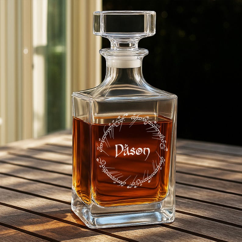 Personalized LOTR Whiskey Decanter, a unique Lord of the Rings gift for him and a custom personalized whiskey decanter.
