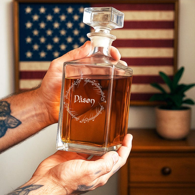 This Lord of the Rings decanter, a Personalized LOTR Whiskey Decanter, is a premium Lord of the Rings gift for fans.