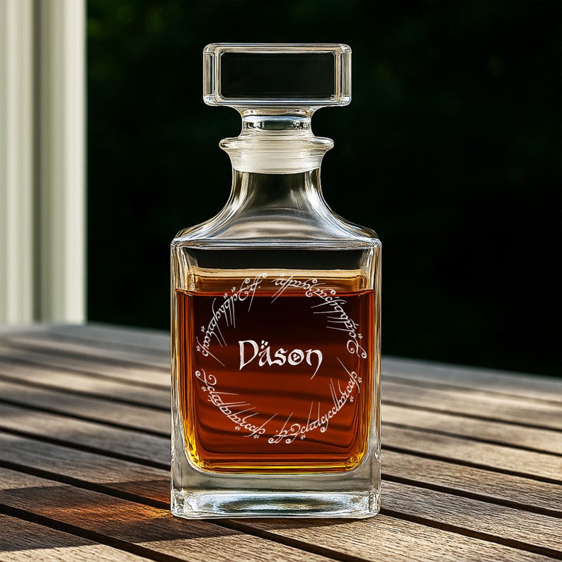 The perfect Lord of the Rings gifts for him, this Personalized LOTR Whiskey Decanter is an elegant decanter gift.