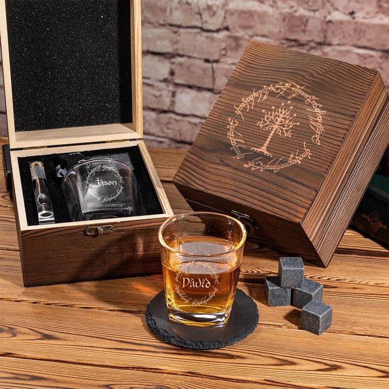 Personalized LOTR Whiskey Set, a unique custom whiskey glasses set and perfect Lord of the Rings gift.