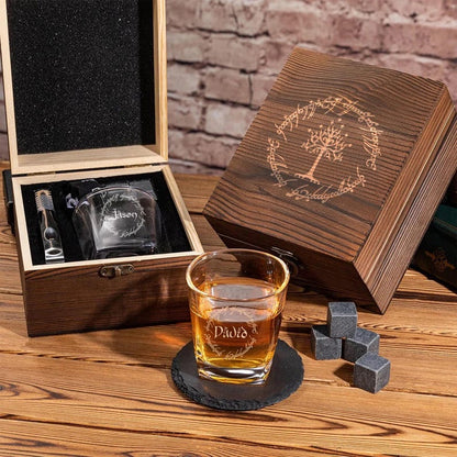 Personalized LOTR Whiskey Set, a unique custom whiskey glasses set and perfect Lord of the Rings gift.