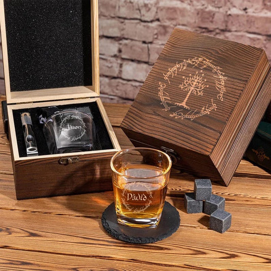 Personalized LOTR Whiskey Set, a unique custom whiskey glasses set and perfect Lord of the Rings gift.