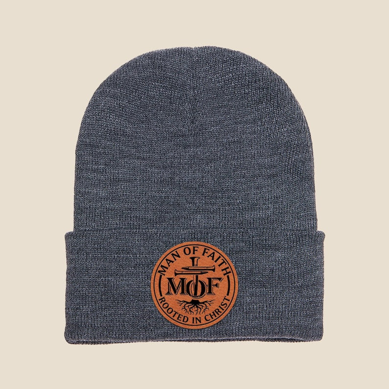 A custom Personalized Man of Faith Beanie, a warm and unique custom patch beanie for any man of faith.