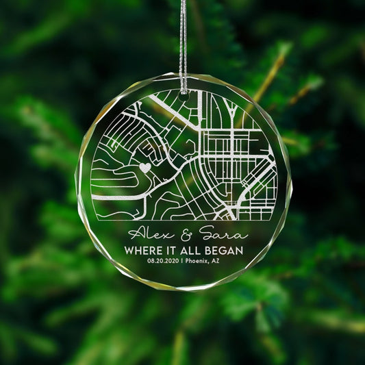 Personalized Map Glass Ornament for Couple designed as romantic christmas gifts for couples