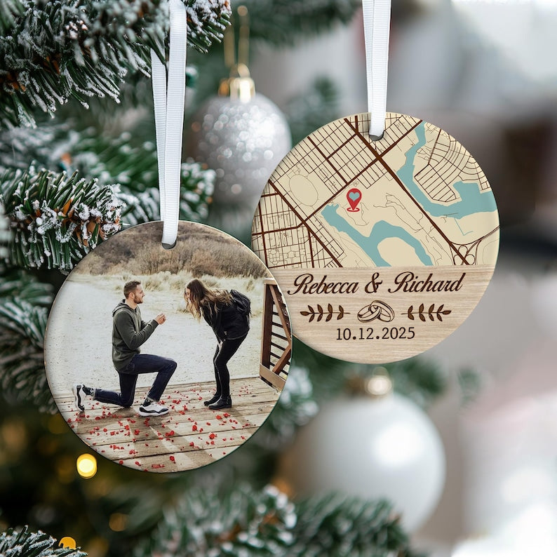 A Personalized Map Location Engaged Ceramic Ornament, an ideal personalized engagement ornament and thoughtful gift for couples.