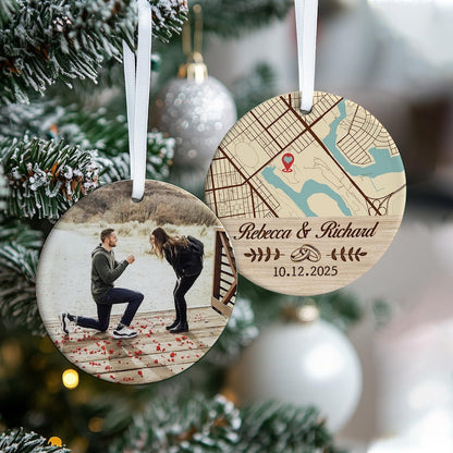 A Personalized Map Location Engaged Ceramic Ornament, an ideal personalized engagement ornament and thoughtful gift for couples.