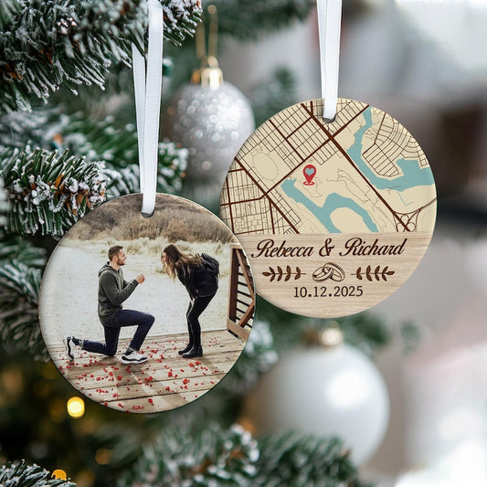 A Personalized Map Location Engaged Ceramic Ornament, an ideal personalized engagement ornament and thoughtful gift for couples.