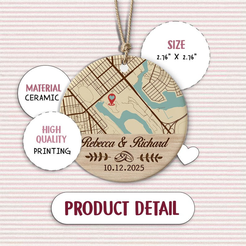A close-up of a ceramic Christmas tree ornament, the Personalized Map Location Engaged Ceramic Ornament features their special map location.