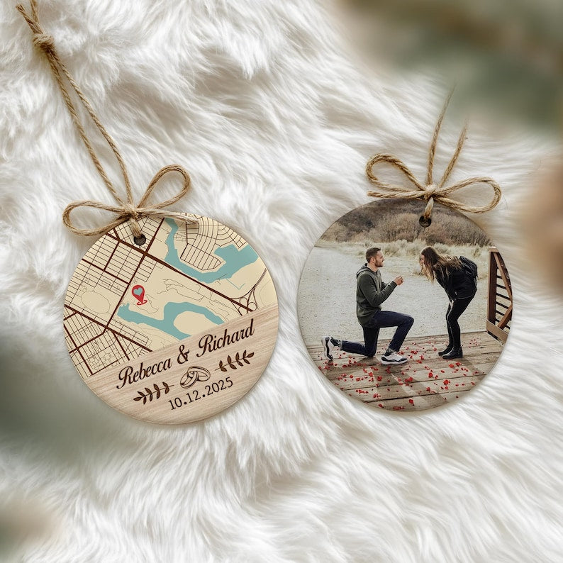 The perfect engagement gifts for couples, this Personalized Map Location Engaged Ceramic Ornament is a unique wedding ornament keepsake.