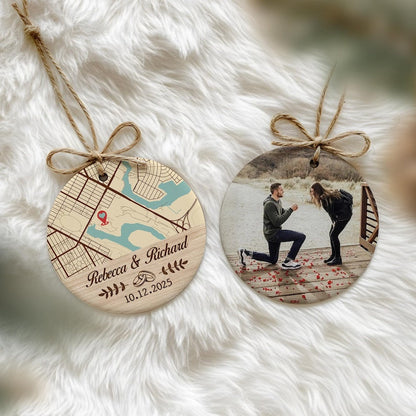 The perfect engagement gifts for couples, this Personalized Map Location Engaged Ceramic Ornament is a unique wedding ornament keepsake.