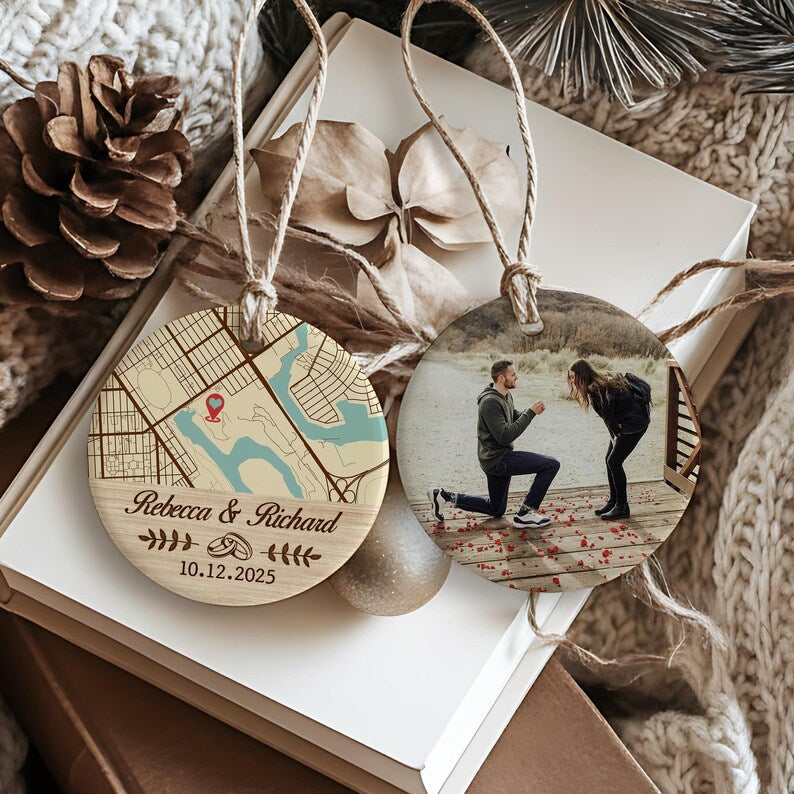 A custom photo ornament (design) featuring a map location, the Personalized Map Location Engaged Ceramic Ornament is a beautiful custom printed ornament.