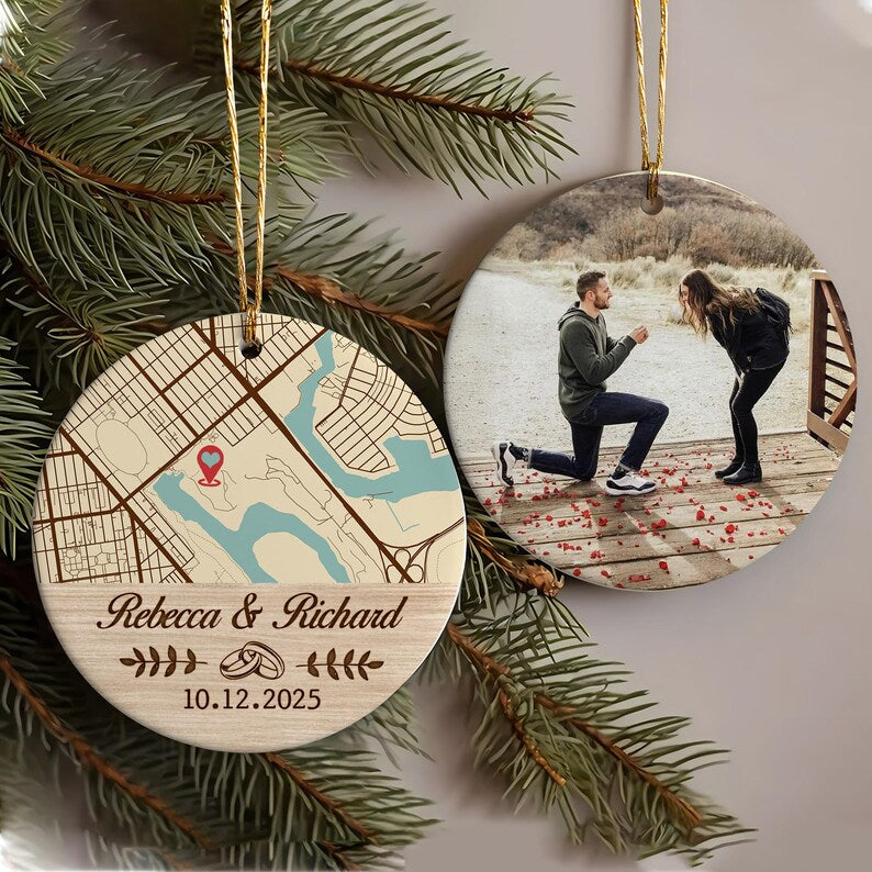 This personalized engagement ornament, a Personalized Map Location Engaged Ceramic Ornament, is a unique custom printed ornament and thoughtful engagement gift.