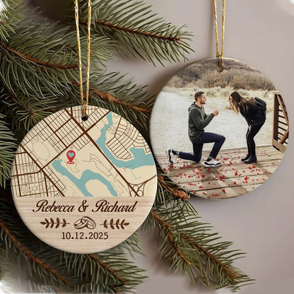 This personalized engagement ornament, a Personalized Map Location Engaged Ceramic Ornament, is a unique custom printed ornament and thoughtful engagement gift.