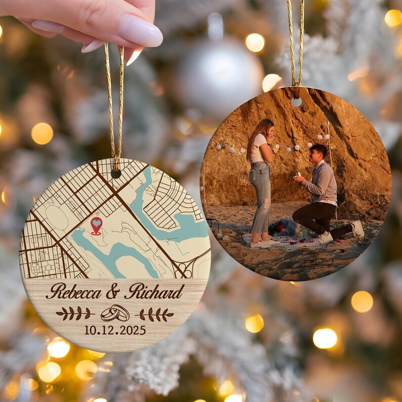 An elegant ceramic Christmas tree ornament, the Personalized Map Location Engaged Ceramic Ornament serves as a beautiful wedding ornament.