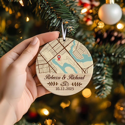 Personalized Map Location Engaged Ceramic Ornament, a custom printed ornament and treasured newlywed Christmas ornament for couples.