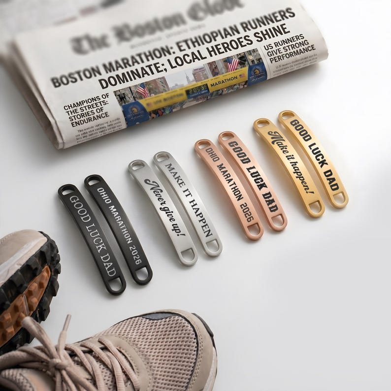Custom shoelace tags for running shoes, the perfect marathon gifts for men and endurance athletes.