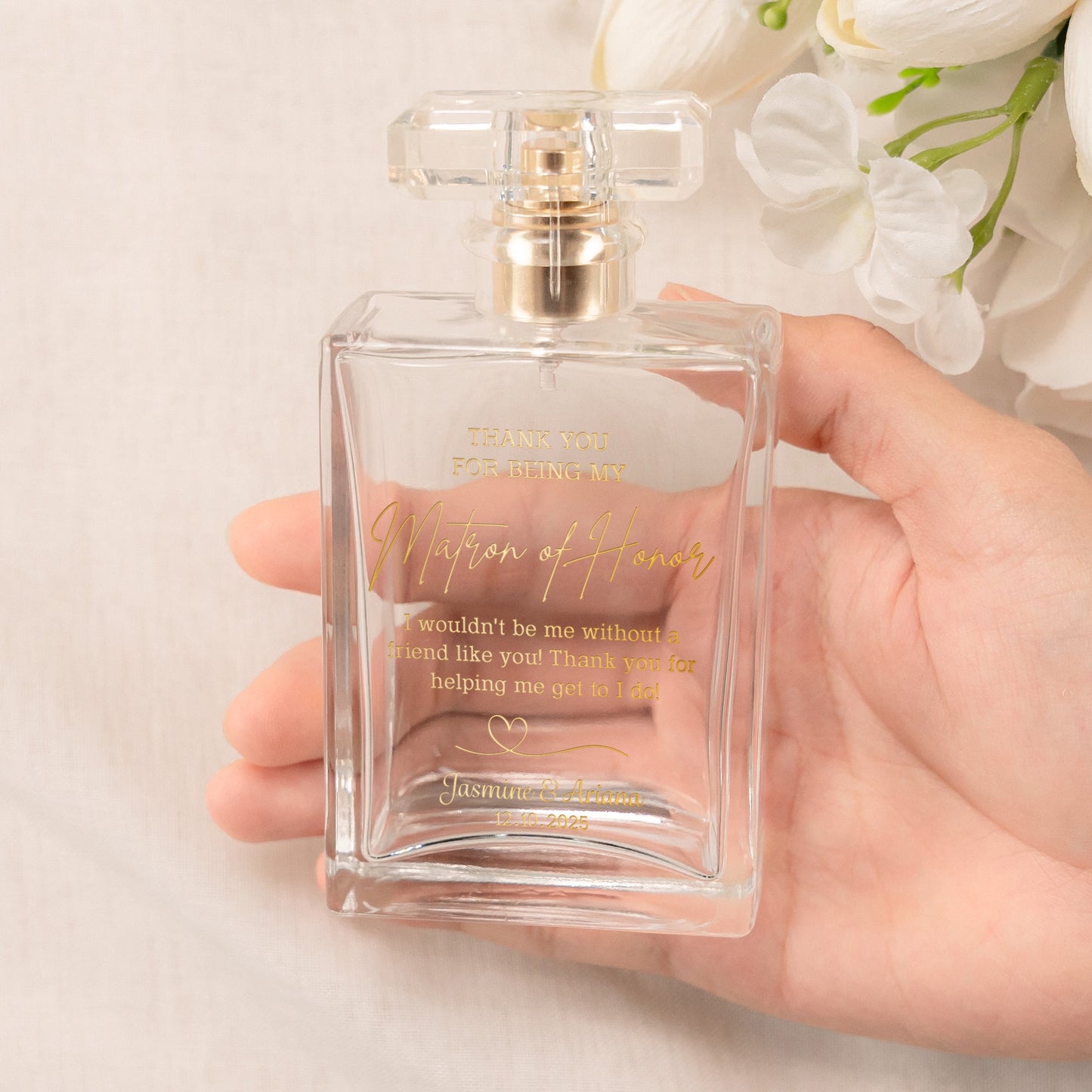 Unique Personalized Matron of Honor Glass Perfume Bottle crafted as meaningful maid of honor gifts and wedding keepsake  