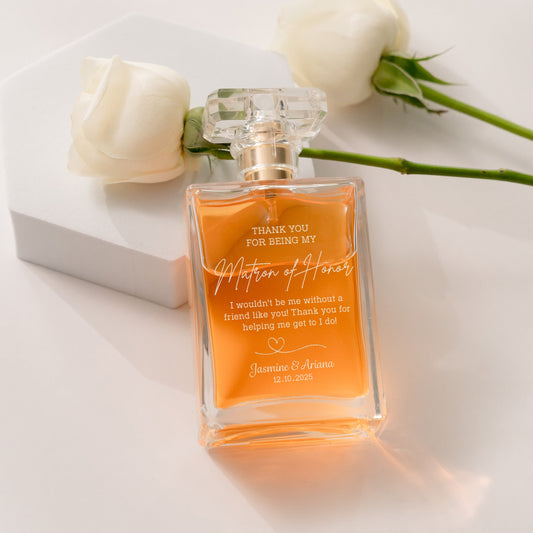 Personalized Matron of Honor Glass Perfume Bottle designed as elegant matron of honor gifts and keepsake  